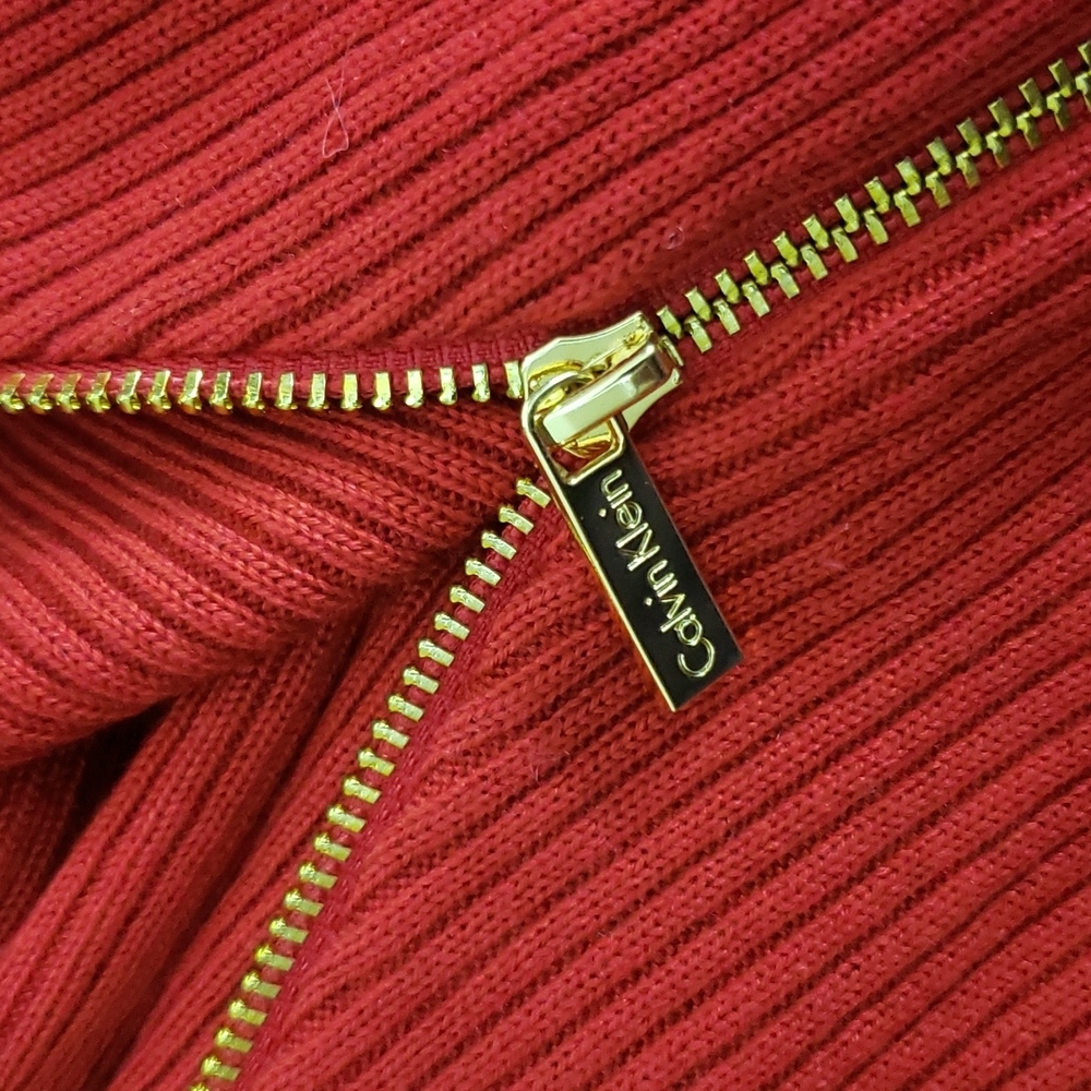 083 CALVIN KLEIN Red Ribbed Knit V-Neck Zip Front Cardigan Sweater sz S Women's - Picture 9 of 13